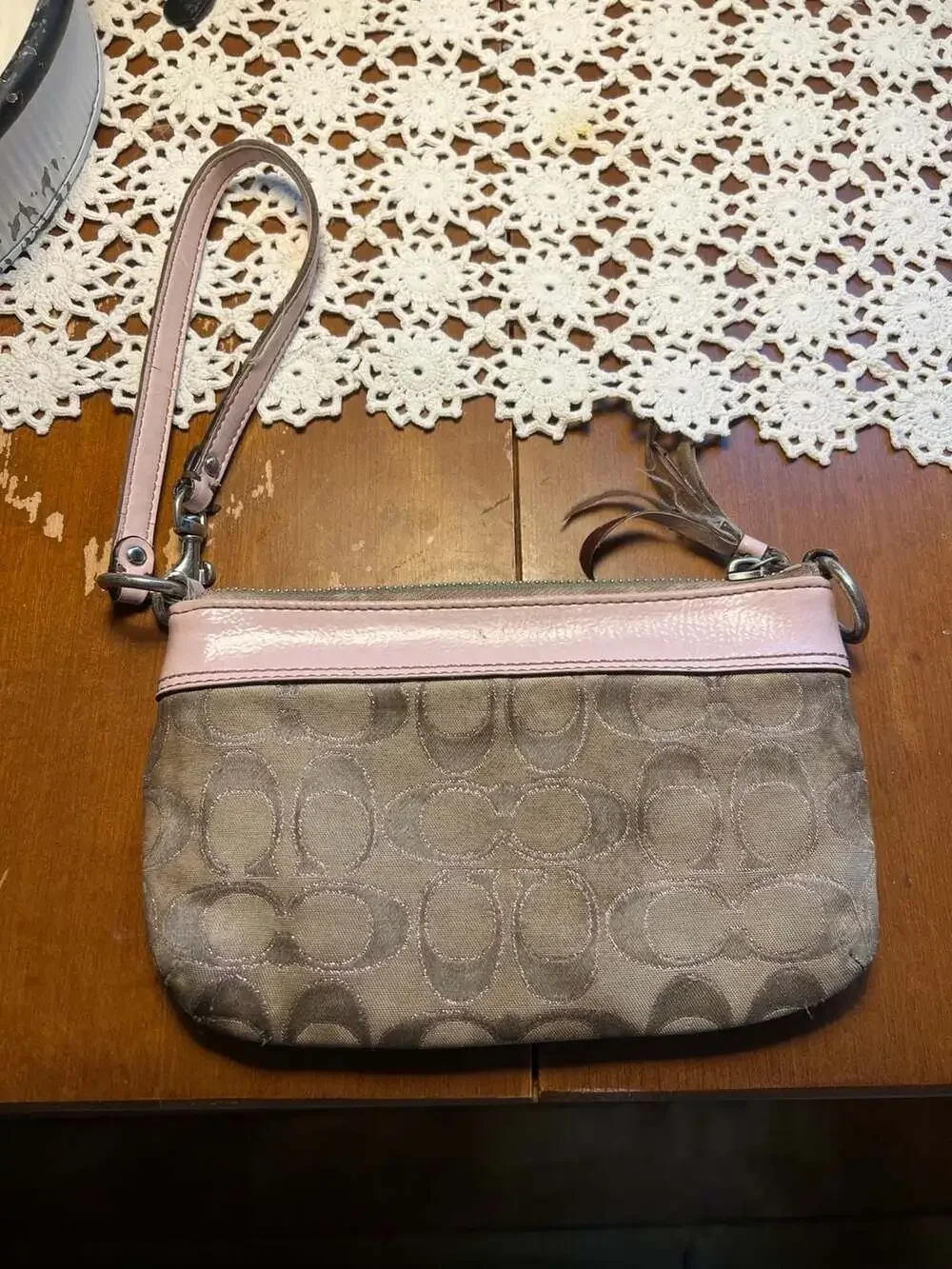 Coach Signature C Monogram Canvas Wristlet with Pink Trim